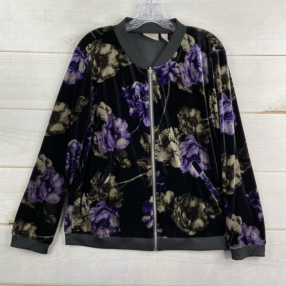 Chico's Jacket Sz 1 Womens M Black Purple Floral Velvet Full Zip Stretch Boho